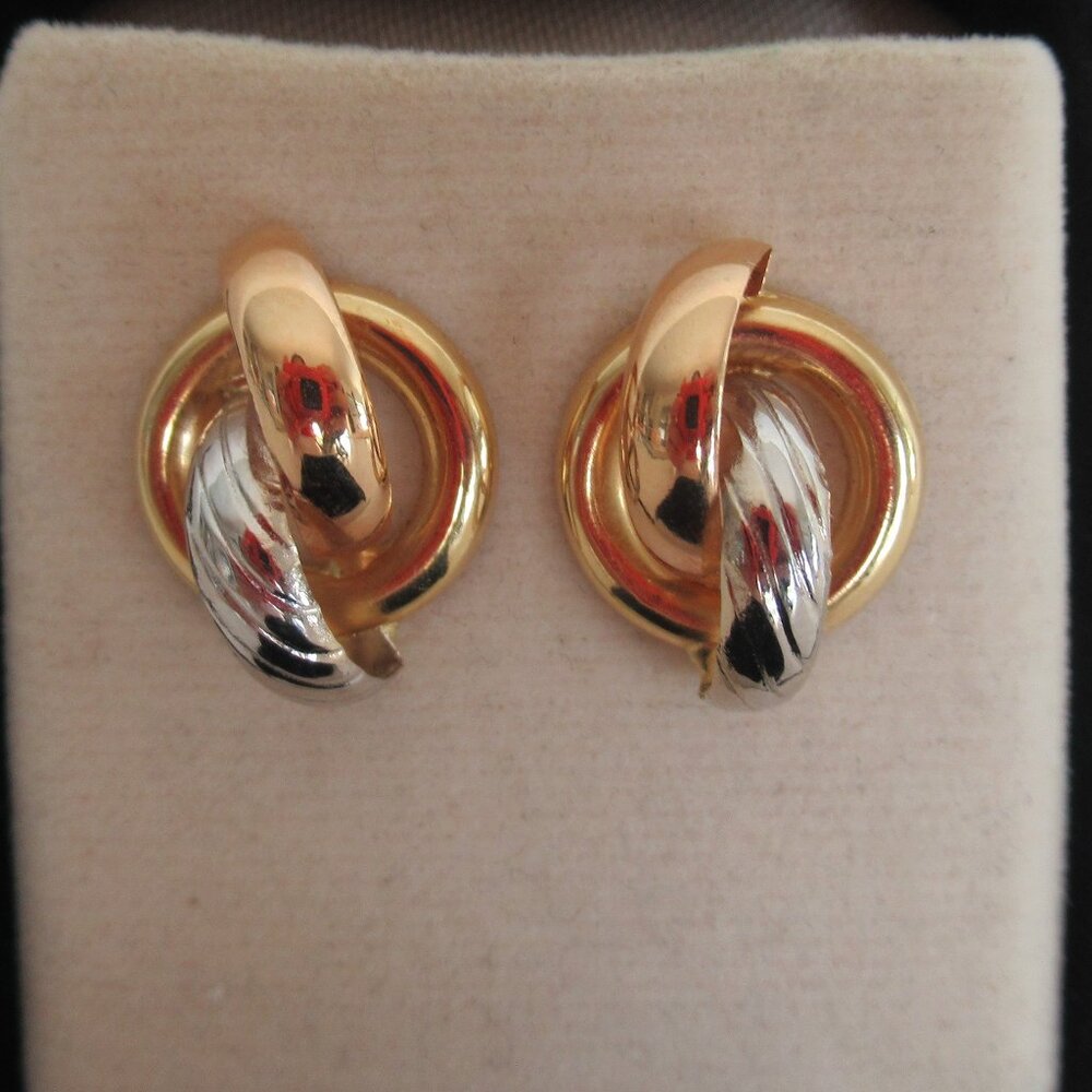 18K Two tone Gold Interlocking Half Circle Stud Earrings 2.23 Grams